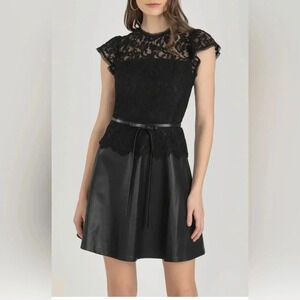 Shoshanna Bentley Lace & Vegan Leather Minidress Black Gorgeous Women’s 2‎ NEW